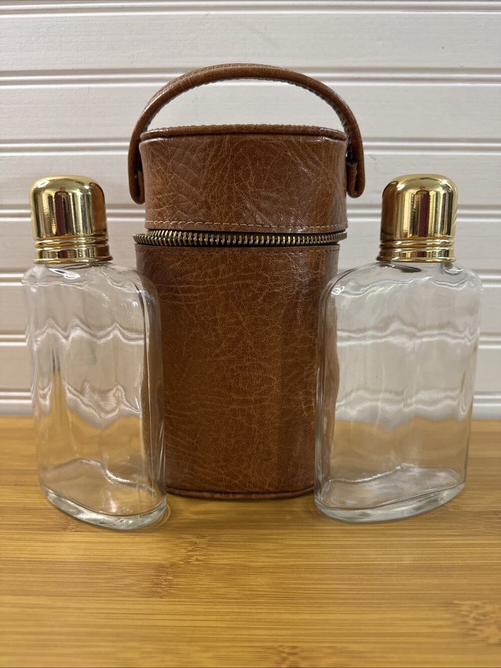 Travel Bar Double Flask Set Gold Caps Textured Brown Case